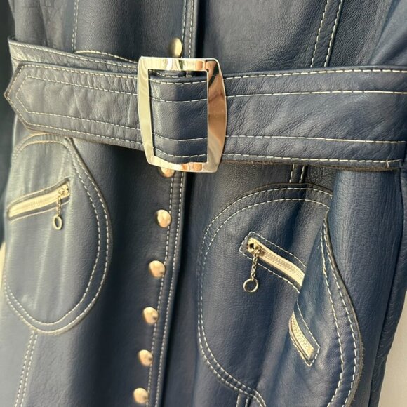Vintage Leda Spain by Gropper Blue Belted 100% Leather Trench Coat Jacket, Small - Picture 14 of 14